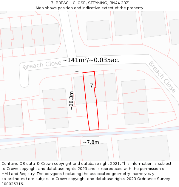 7, BREACH CLOSE, STEYNING, BN44 3RZ: Plot and title map