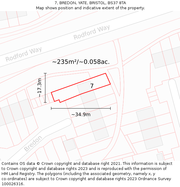7, BREDON, YATE, BRISTOL, BS37 8TA: Plot and title map