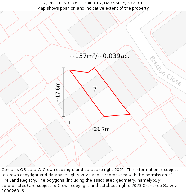 7, BRETTON CLOSE, BRIERLEY, BARNSLEY, S72 9LP: Plot and title map