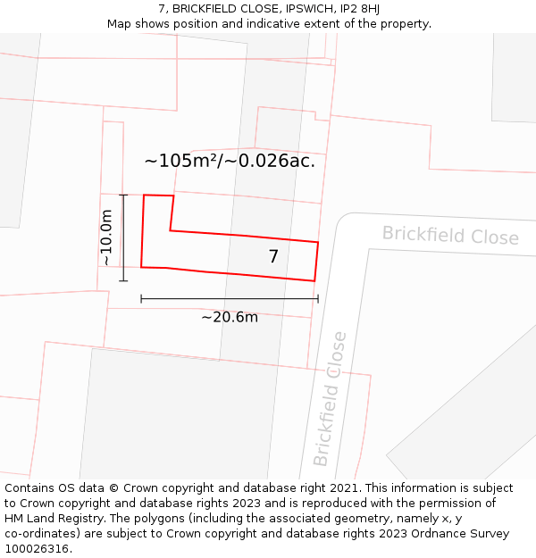 7, BRICKFIELD CLOSE, IPSWICH, IP2 8HJ: Plot and title map
