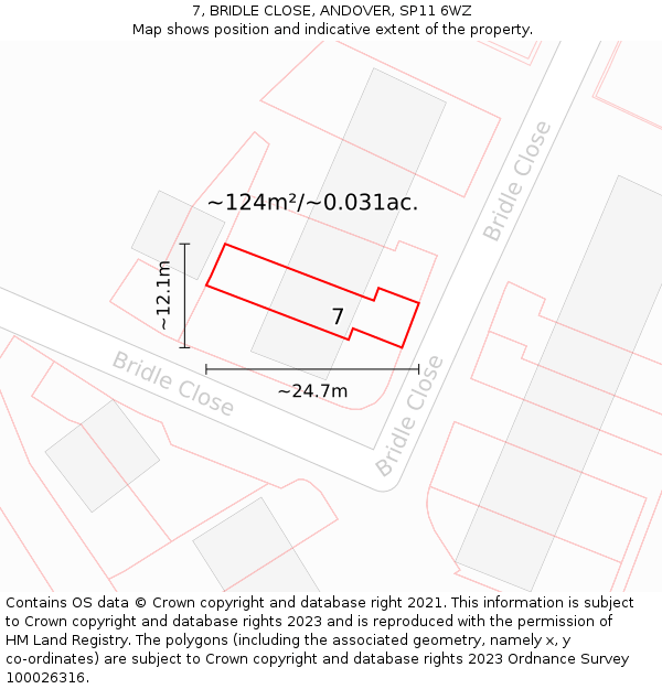 7, BRIDLE CLOSE, ANDOVER, SP11 6WZ: Plot and title map