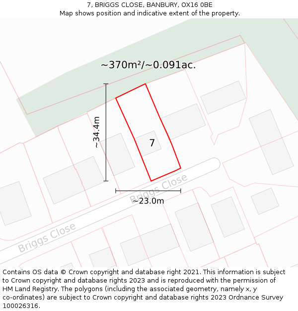 7, BRIGGS CLOSE, BANBURY, OX16 0BE: Plot and title map