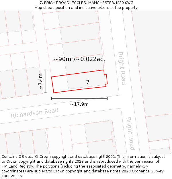 7, BRIGHT ROAD, ECCLES, MANCHESTER, M30 0WG: Plot and title map