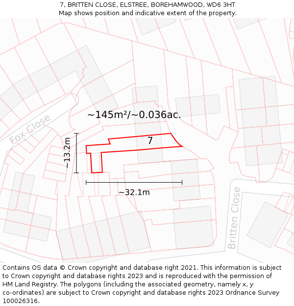 7, BRITTEN CLOSE, ELSTREE, BOREHAMWOOD, WD6 3HT: Plot and title map