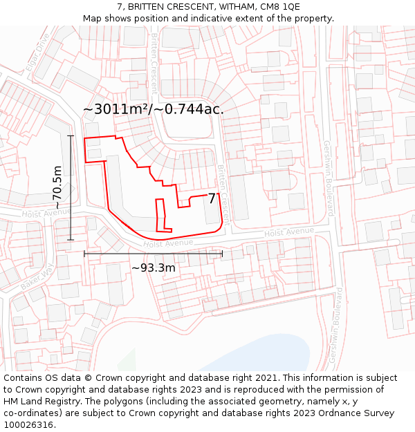 7, BRITTEN CRESCENT, WITHAM, CM8 1QE: Plot and title map