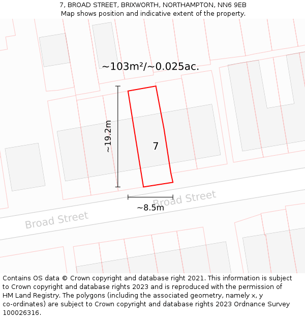 7, BROAD STREET, BRIXWORTH, NORTHAMPTON, NN6 9EB: Plot and title map