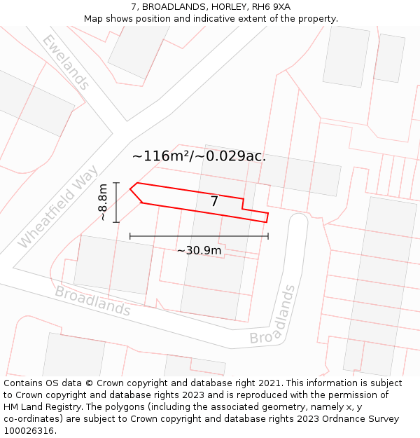 7, BROADLANDS, HORLEY, RH6 9XA: Plot and title map