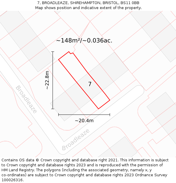 7, BROADLEAZE, SHIREHAMPTON, BRISTOL, BS11 0BB: Plot and title map