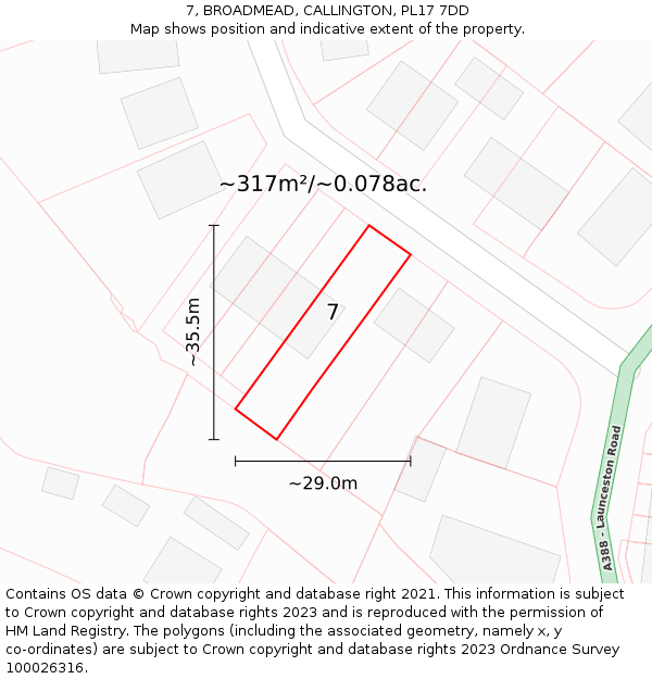 7, BROADMEAD, CALLINGTON, PL17 7DD: Plot and title map