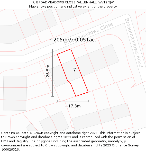 7, BROADMEADOWS CLOSE, WILLENHALL, WV12 5JW: Plot and title map