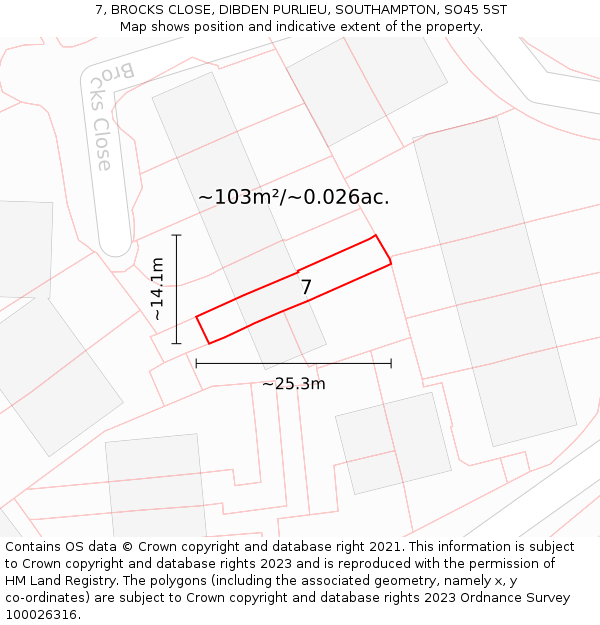 7, BROCKS CLOSE, DIBDEN PURLIEU, SOUTHAMPTON, SO45 5ST: Plot and title map