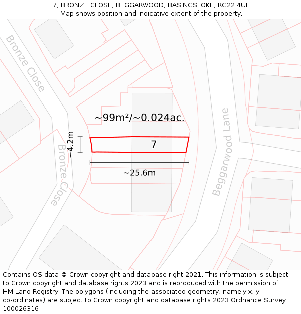 7, BRONZE CLOSE, BEGGARWOOD, BASINGSTOKE, RG22 4UF: Plot and title map
