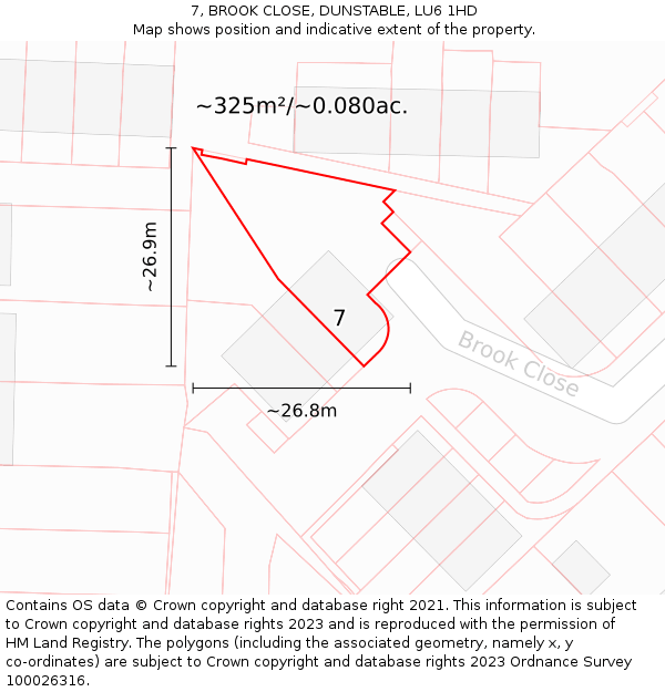 7, BROOK CLOSE, DUNSTABLE, LU6 1HD: Plot and title map