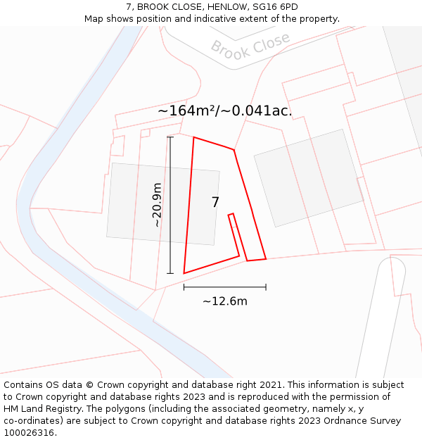 7, BROOK CLOSE, HENLOW, SG16 6PD: Plot and title map