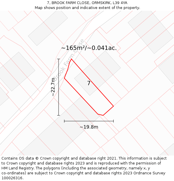 7, BROOK FARM CLOSE, ORMSKIRK, L39 4YA: Plot and title map