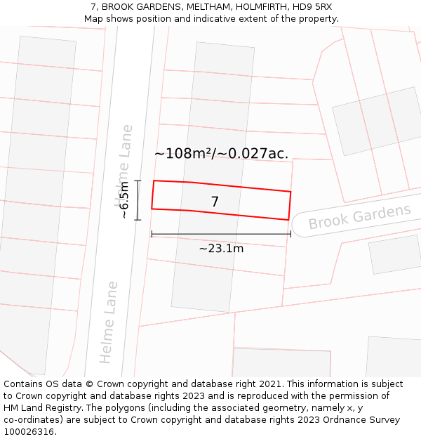 7, BROOK GARDENS, MELTHAM, HOLMFIRTH, HD9 5RX: Plot and title map