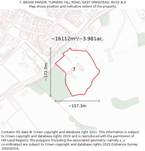 7, BROOK MANOR, TURNERS HILL ROAD, EAST GRINSTEAD, RH19 4LX: Plot and title map