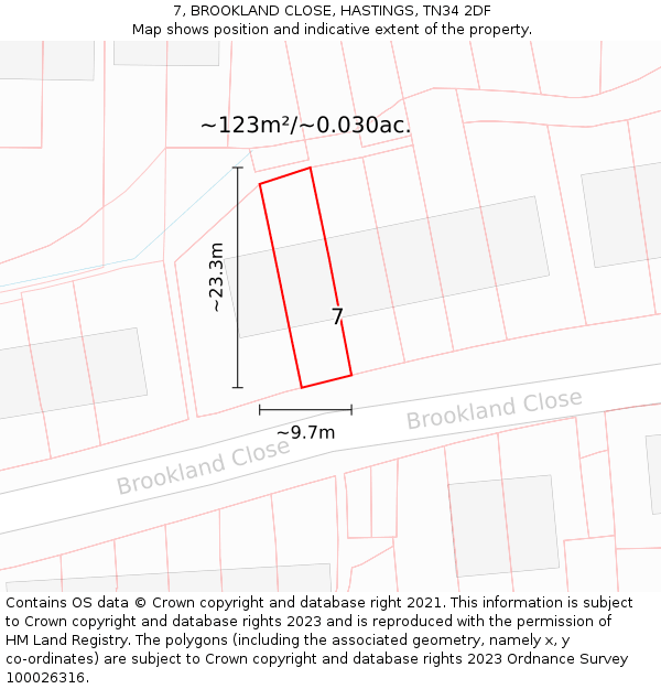 7, BROOKLAND CLOSE, HASTINGS, TN34 2DF: Plot and title map