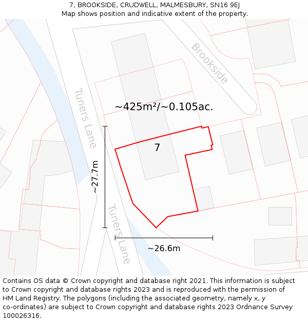 7, BROOKSIDE, CRUDWELL, MALMESBURY, SN16 9EJ: Plot and title map
