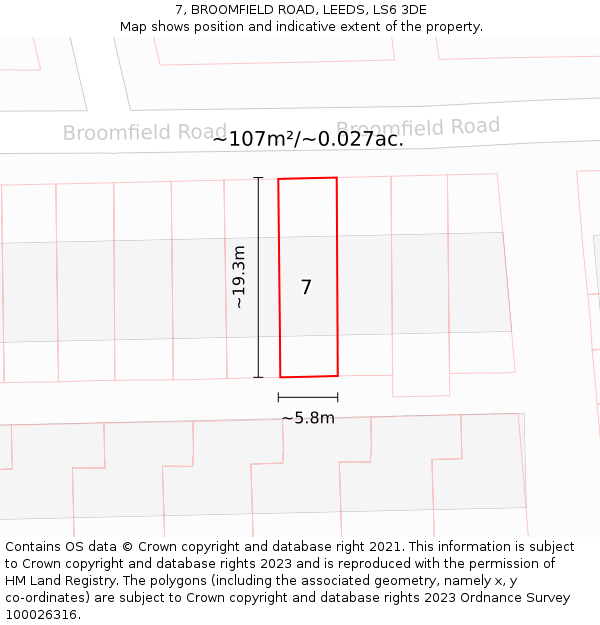 7, BROOMFIELD ROAD, LEEDS, LS6 3DE: Plot and title map