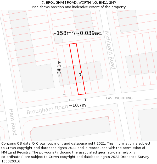 7, BROUGHAM ROAD, WORTHING, BN11 2NP: Plot and title map