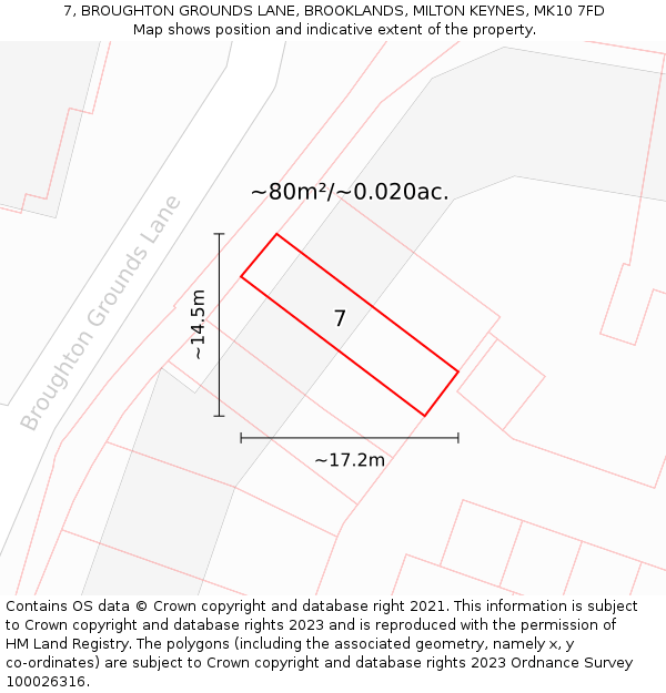 7, BROUGHTON GROUNDS LANE, BROOKLANDS, MILTON KEYNES, MK10 7FD: Plot and title map