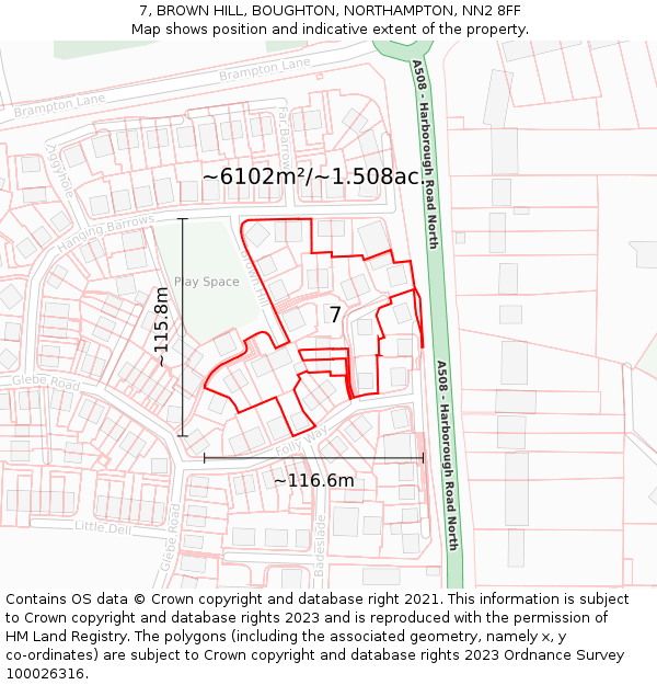 7, BROWN HILL, BOUGHTON, NORTHAMPTON, NN2 8FF: Plot and title map