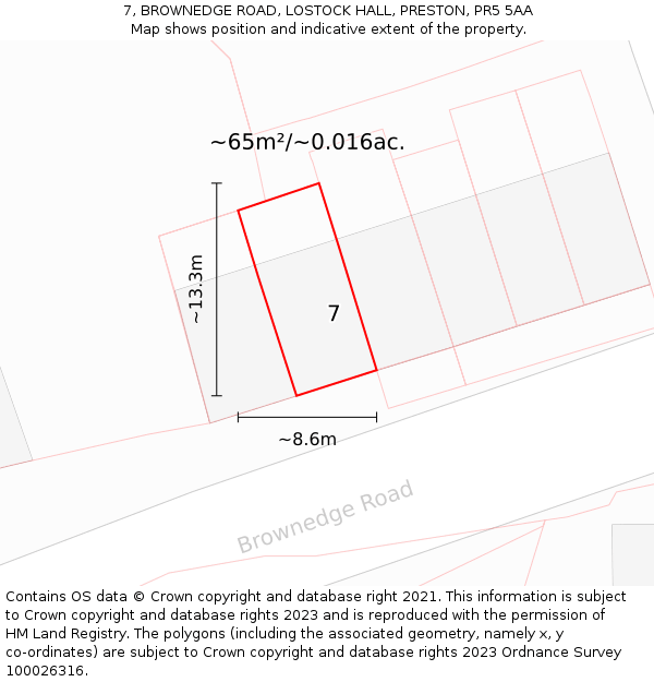 7, BROWNEDGE ROAD, LOSTOCK HALL, PRESTON, PR5 5AA: Plot and title map