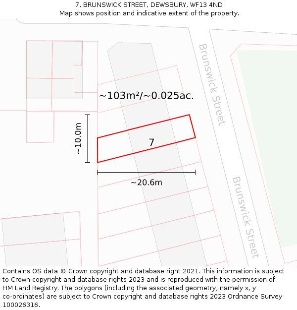 7, BRUNSWICK STREET, DEWSBURY, WF13 4ND: Plot and title map