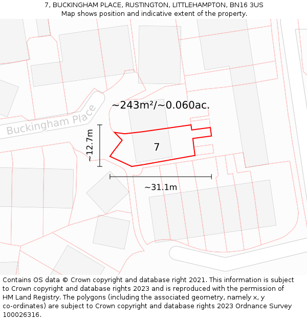 7, BUCKINGHAM PLACE, RUSTINGTON, LITTLEHAMPTON, BN16 3US: Plot and title map