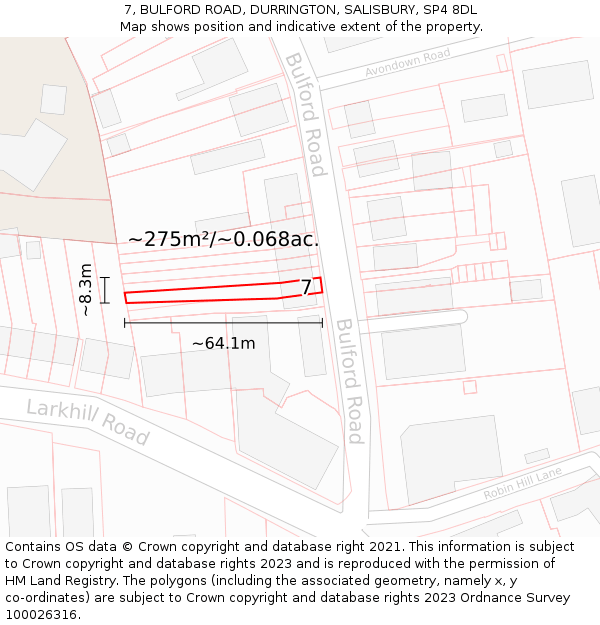 7, BULFORD ROAD, DURRINGTON, SALISBURY, SP4 8DL: Plot and title map