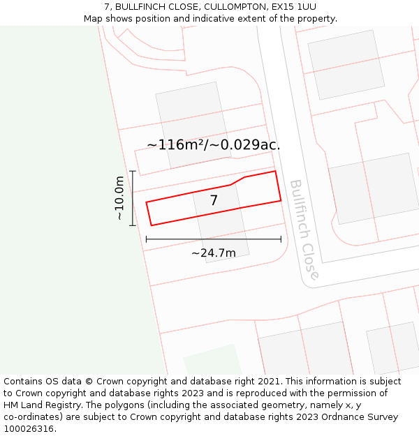 7, BULLFINCH CLOSE, CULLOMPTON, EX15 1UU: Plot and title map