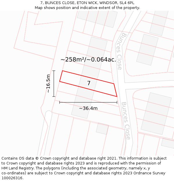 7, BUNCES CLOSE, ETON WICK, WINDSOR, SL4 6PL: Plot and title map