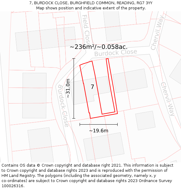 7, BURDOCK CLOSE, BURGHFIELD COMMON, READING, RG7 3YY: Plot and title map