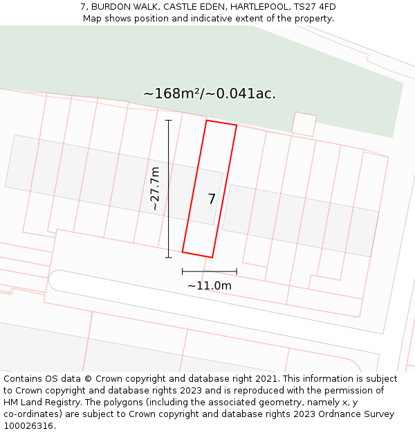 7, BURDON WALK, CASTLE EDEN, HARTLEPOOL, TS27 4FD: Plot and title map