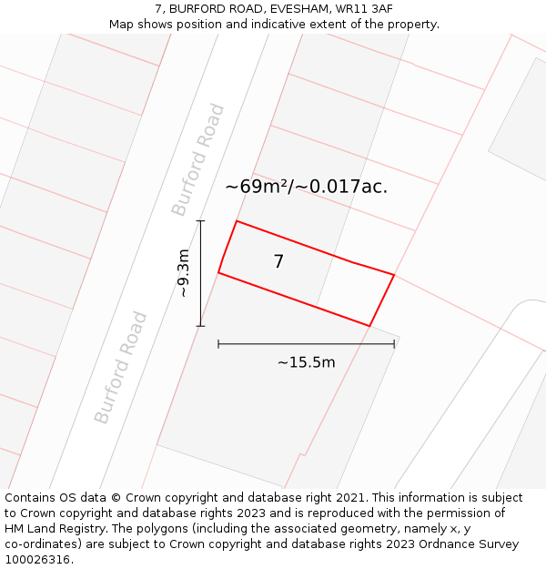 7, BURFORD ROAD, EVESHAM, WR11 3AF: Plot and title map