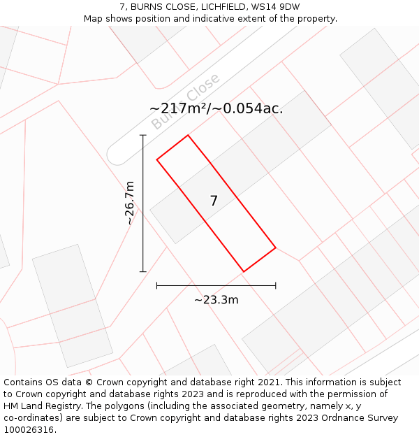 7, BURNS CLOSE, LICHFIELD, WS14 9DW: Plot and title map
