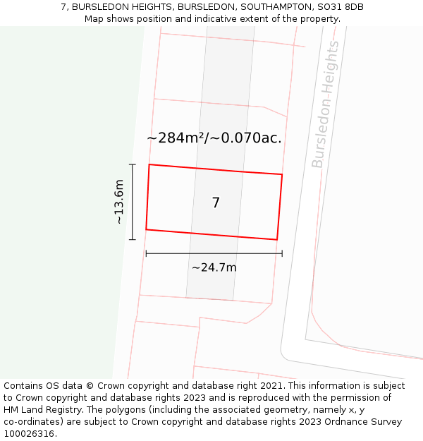 7, BURSLEDON HEIGHTS, BURSLEDON, SOUTHAMPTON, SO31 8DB: Plot and title map