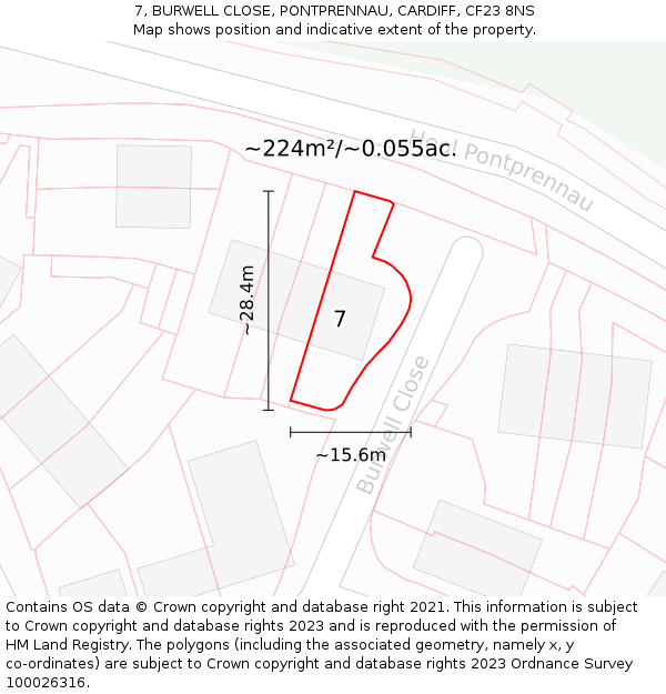 7, BURWELL CLOSE, PONTPRENNAU, CARDIFF, CF23 8NS: Plot and title map