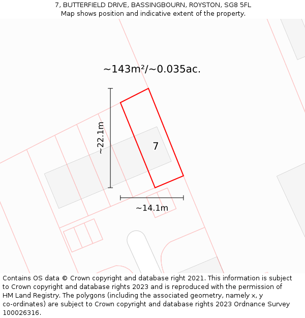 7, BUTTERFIELD DRIVE, BASSINGBOURN, ROYSTON, SG8 5FL: Plot and title map