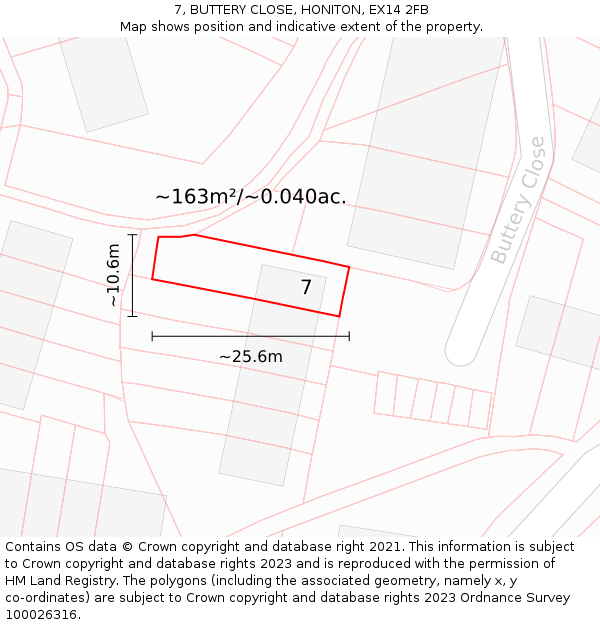 7, BUTTERY CLOSE, HONITON, EX14 2FB: Plot and title map