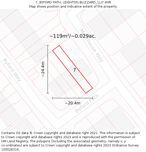 7, BYFORD PATH, LEIGHTON BUZZARD, LU7 4NR: Plot and title map