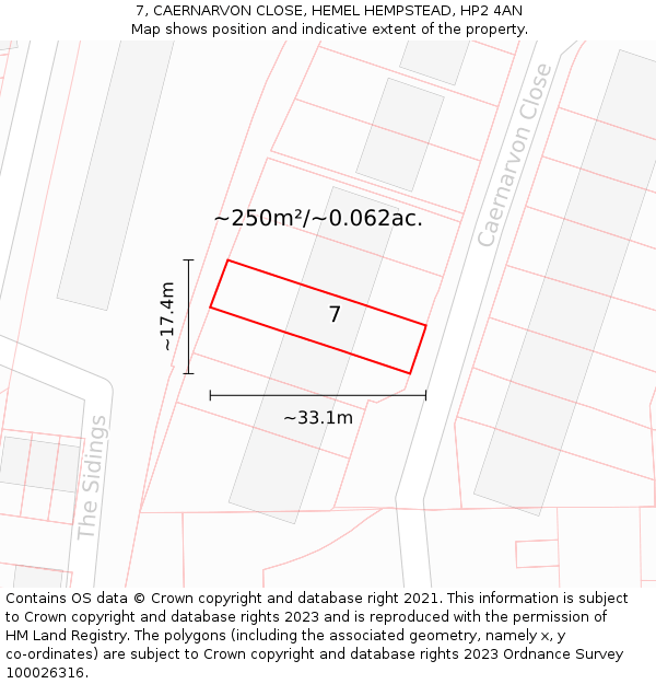 7, CAERNARVON CLOSE, HEMEL HEMPSTEAD, HP2 4AN: Plot and title map