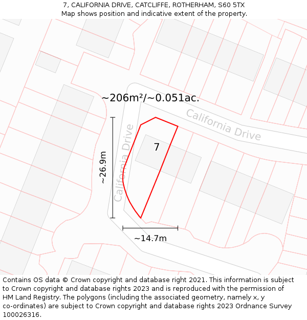 7, CALIFORNIA DRIVE, CATCLIFFE, ROTHERHAM, S60 5TX: Plot and title map