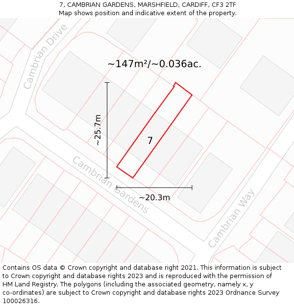 7, CAMBRIAN GARDENS, MARSHFIELD, CARDIFF, CF3 2TF: Plot and title map