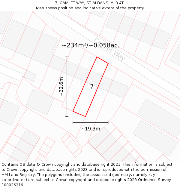 7, CAMLET WAY, ST ALBANS, AL3 4TL: Plot and title map