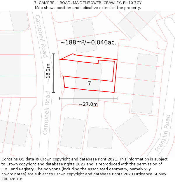 7, CAMPBELL ROAD, MAIDENBOWER, CRAWLEY, RH10 7GY: Plot and title map