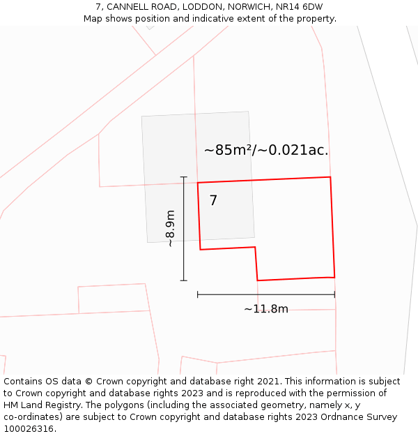 7, CANNELL ROAD, LODDON, NORWICH, NR14 6DW: Plot and title map