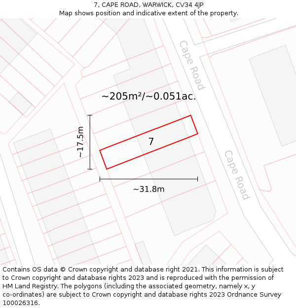 7, CAPE ROAD, WARWICK, CV34 4JP: Plot and title map