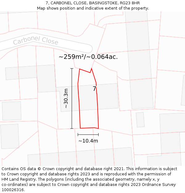 7, CARBONEL CLOSE, BASINGSTOKE, RG23 8HR: Plot and title map
